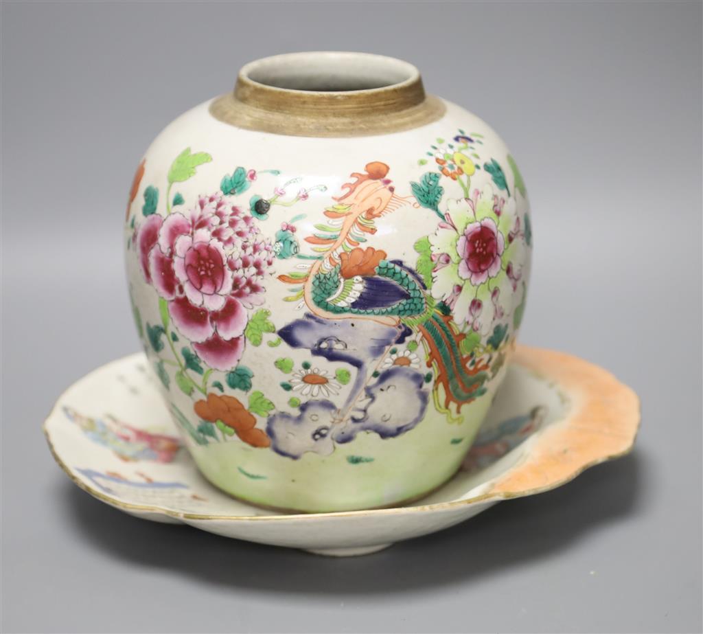 A Chinese famille rose jar and dish, length 28cm